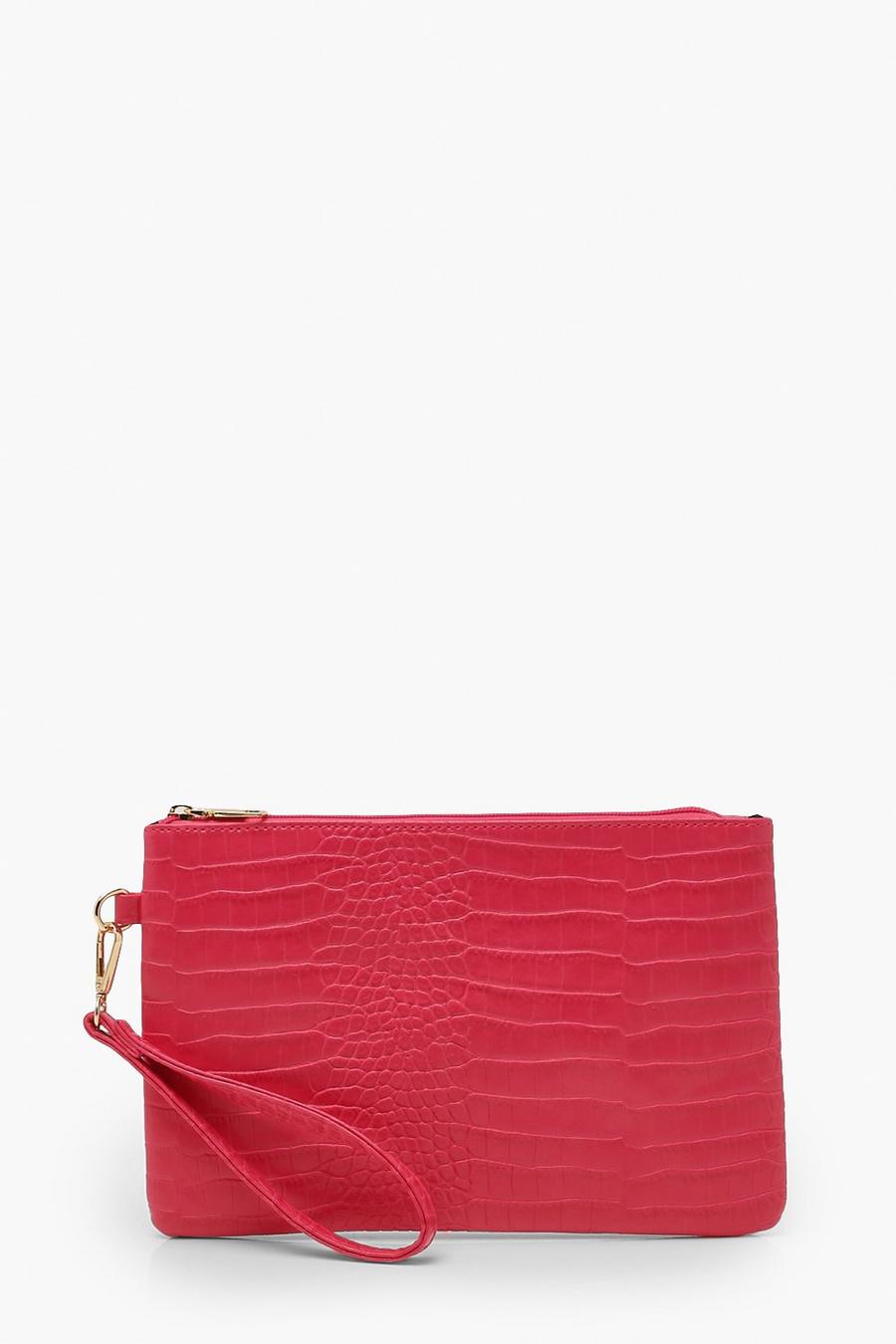 Hot Pink Croc Pu Zip Top Clutch Bag image number 1