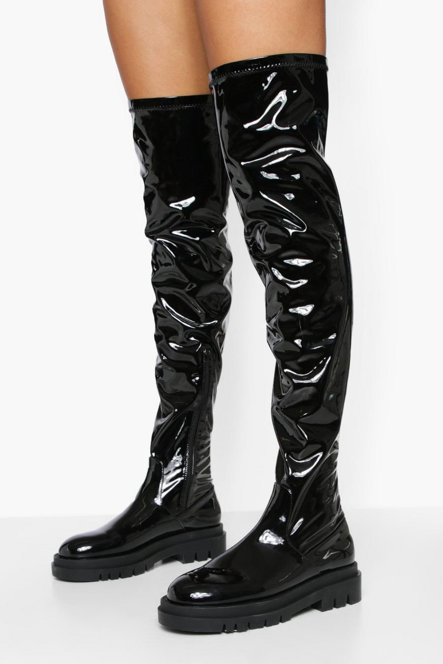 Black Thigh High Vinyl Chunky Boots