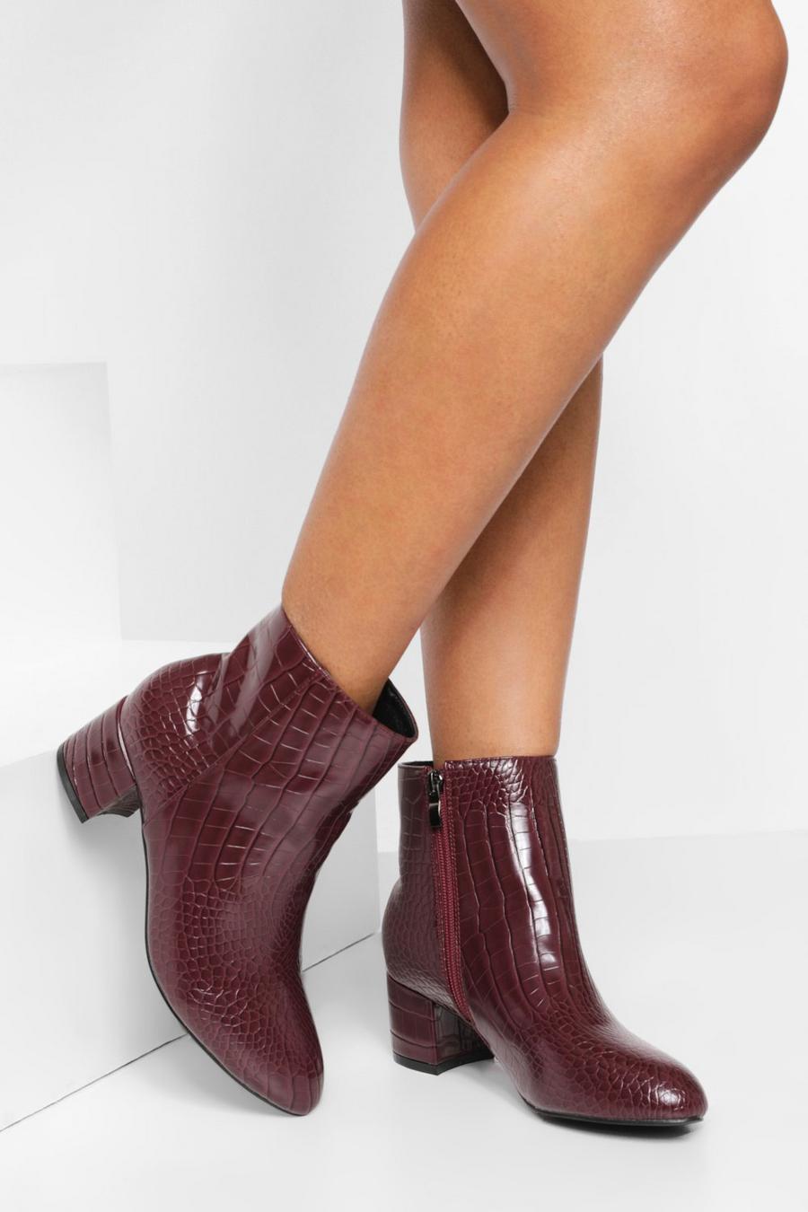 Burgundy rosso Low Block Heel Croc Shoe Boots