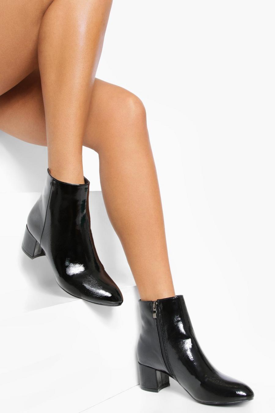 Black svart Low Block Heel Patent Shoe Boots