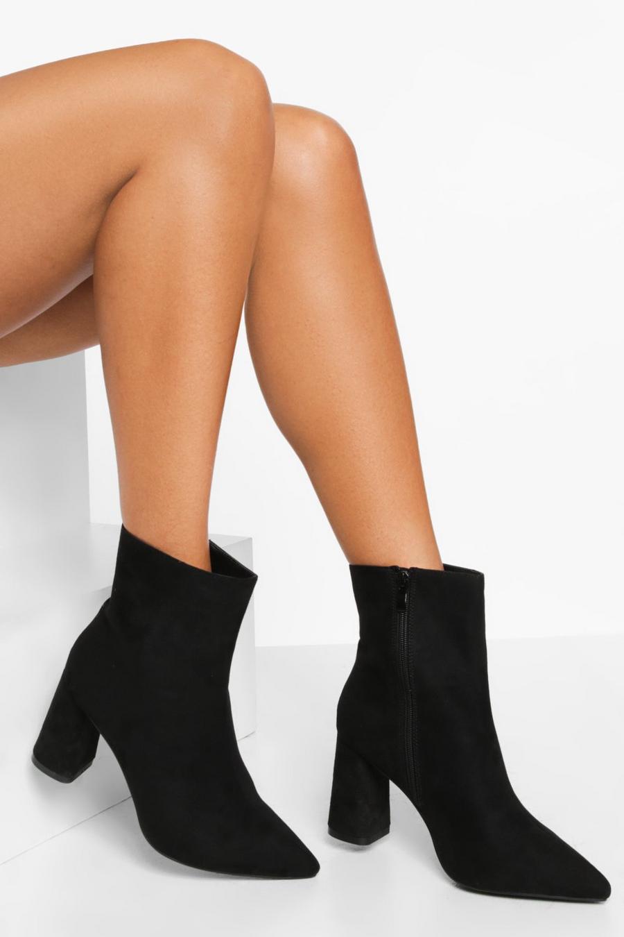 Black svart Pointed Block Heel Shoe Boots