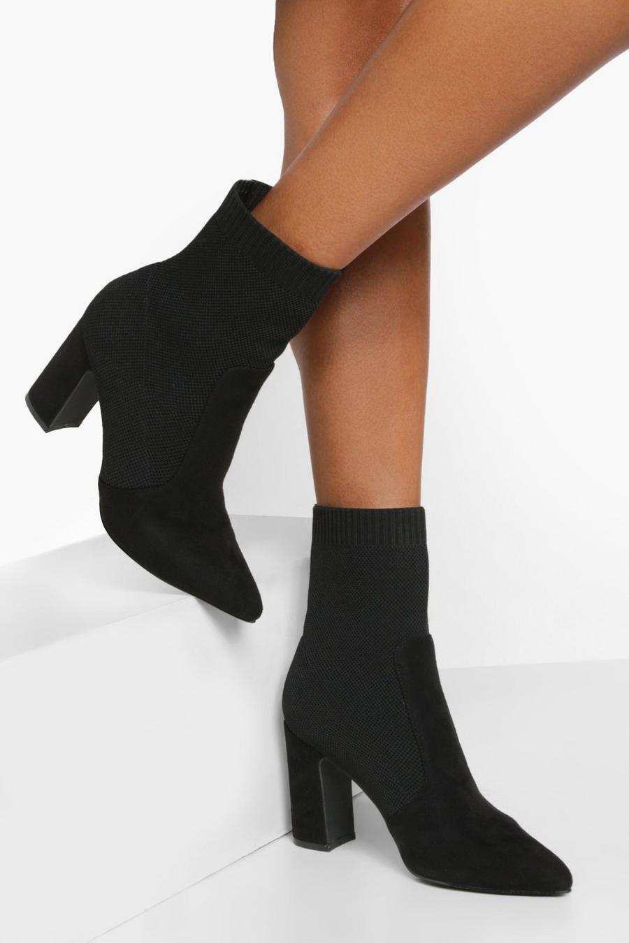 Black Knitted Pointed Toe Sock Boots image number 1