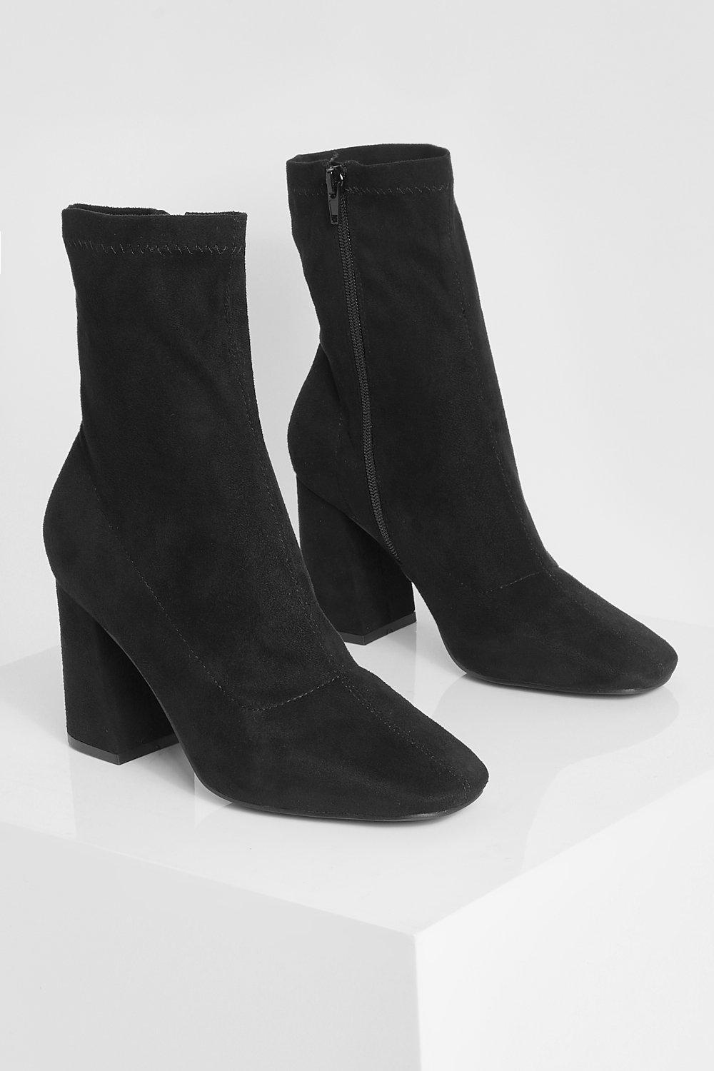 Wide Fit Faux Suede Block Heel Square Toe Sock Boots boohoo IE