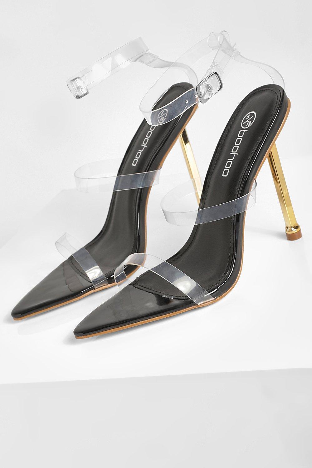 Triple Strap Gold Heel Pointed Clear Heels