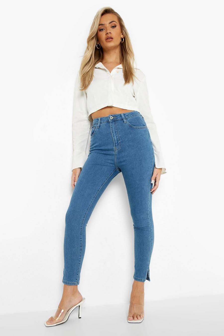 Mid blue Basic Skinny jeans med stretch och slitsar image number 1