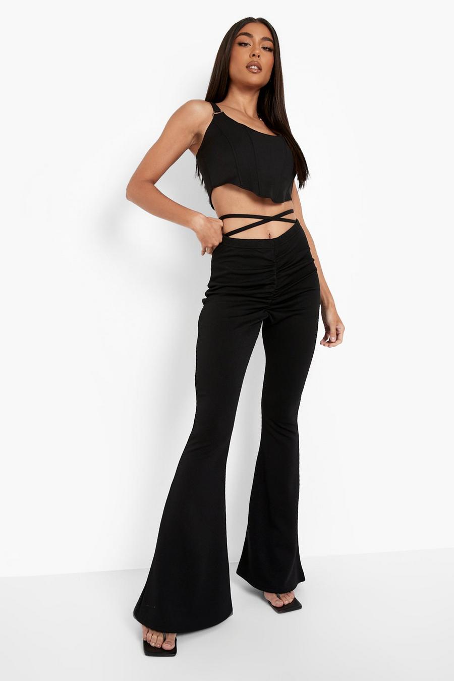 Black Dipped Ruched Waist Strap Detail Trouser image number 1
