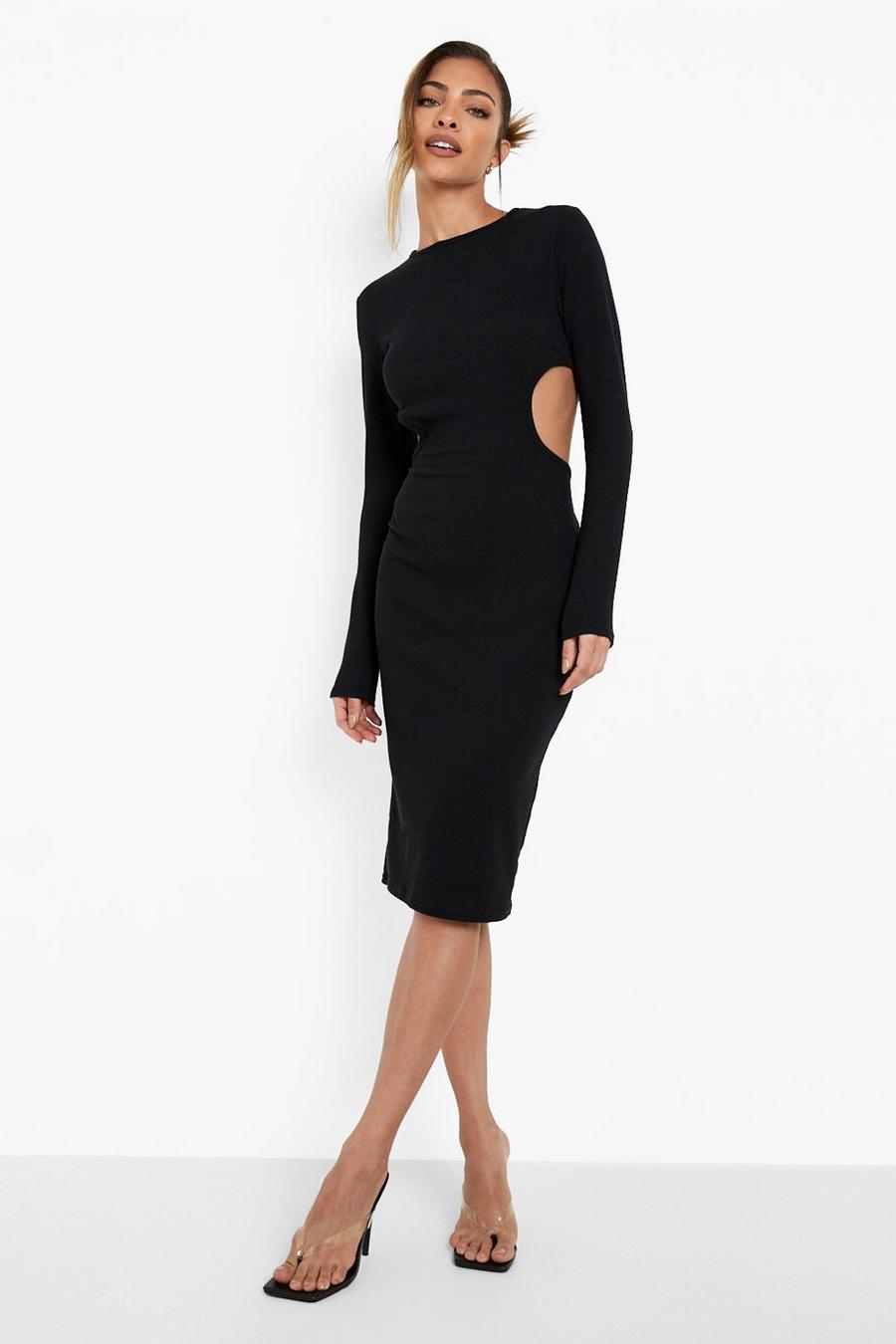 Black Crinkle Cut Out Midi Dress image number 1