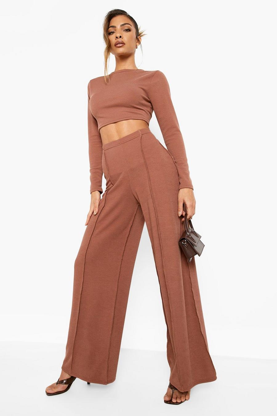 Mocha Crinkle Exposed Seam Wide Leg Trousers image number 1