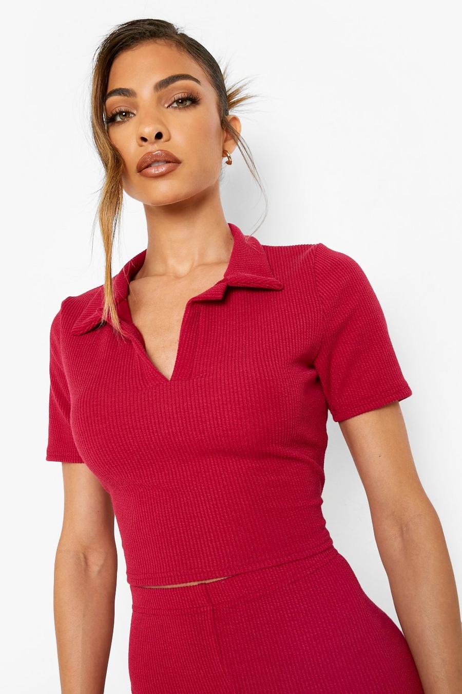 Berry Crinkle Polo Neck Crop Top image number 1