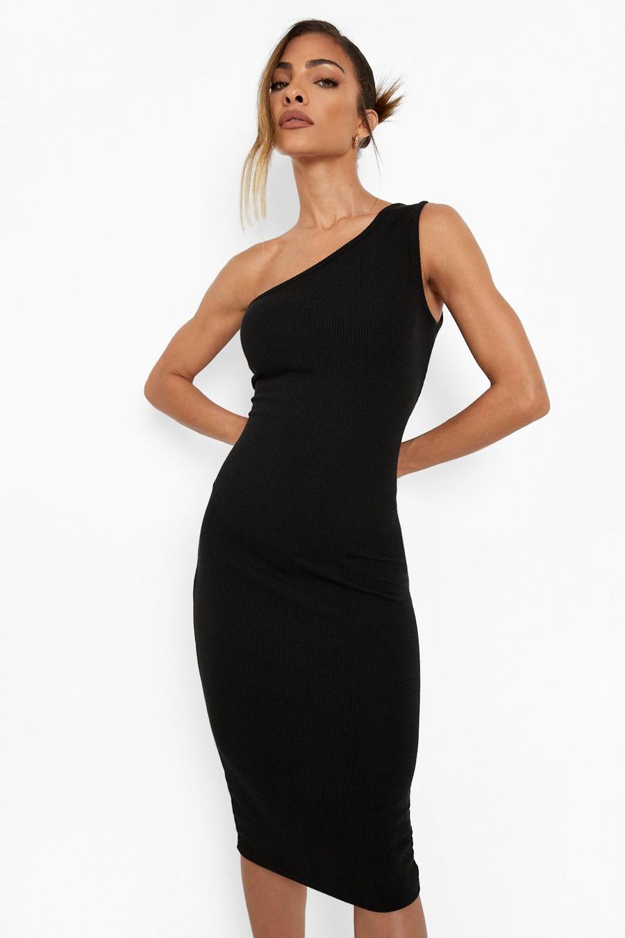 Black Crinkle Asymmetric Midi Dress image number 1