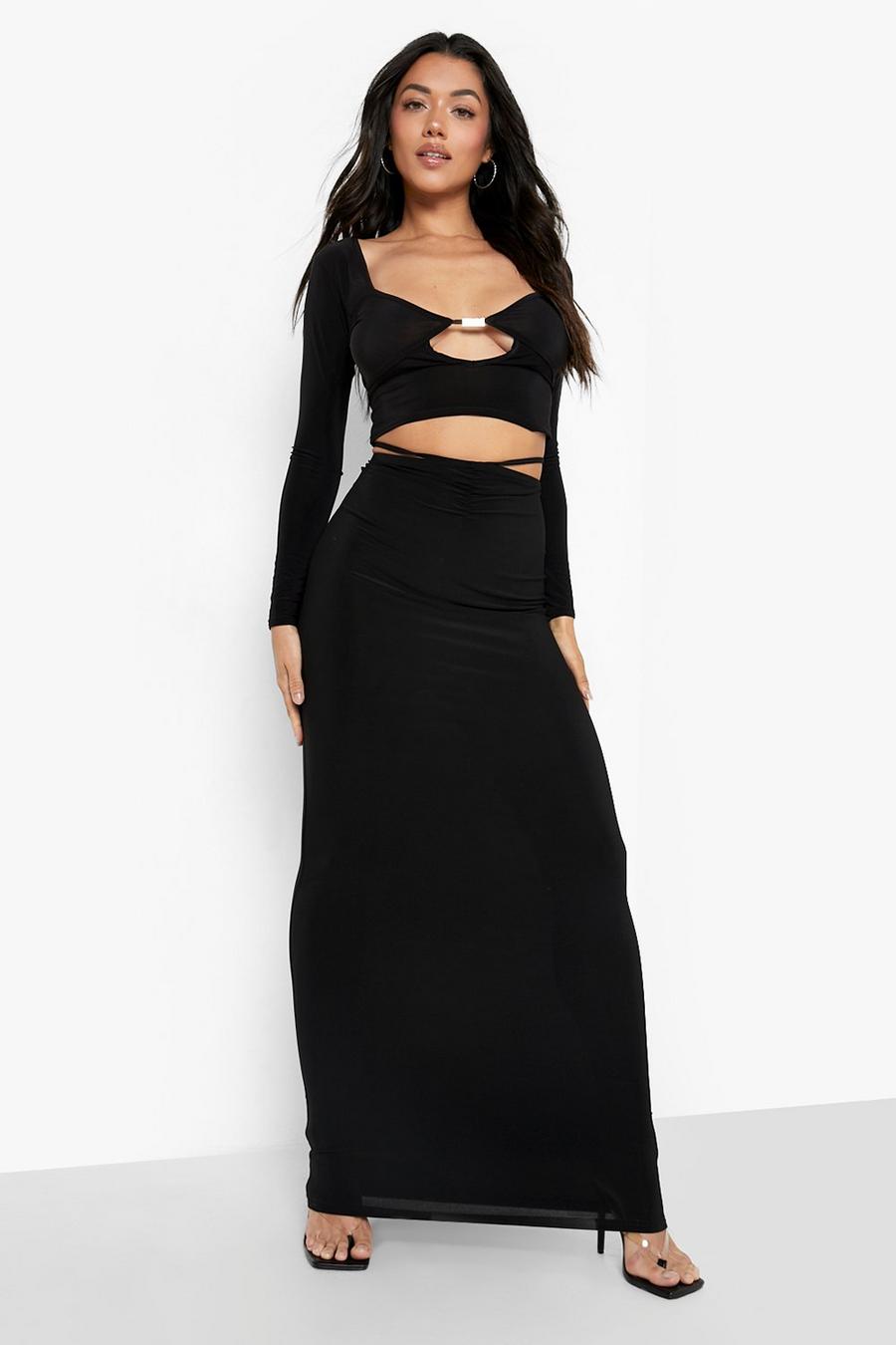 Black Tie Waist Ruched Maxi Skirt image number 1