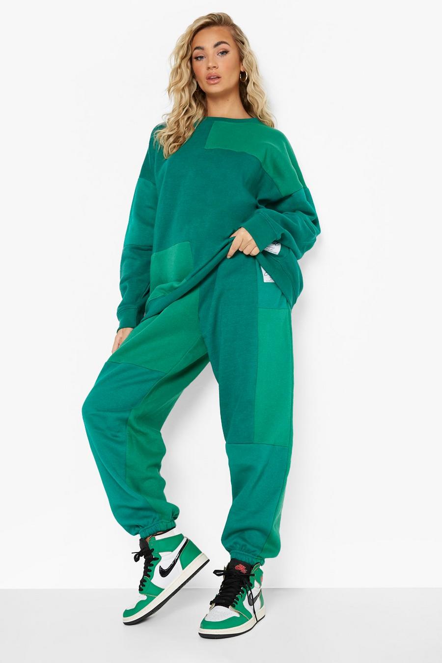 Pantaloni tuta a blocchi di colore verde, effetto patchwork, Green