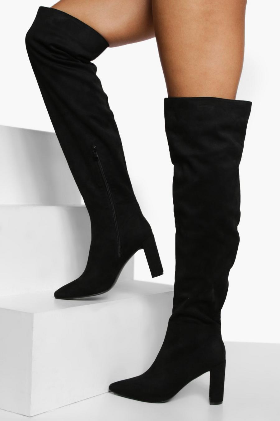 Black Wide Fit Block Heel Thigh High Boots image number 1