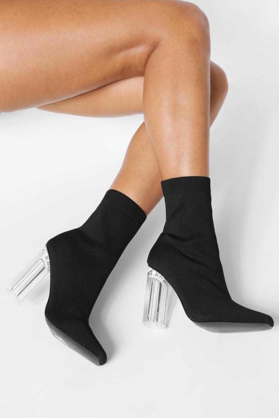 Black Wide Fit Clear Heel Sock Boot image number 1