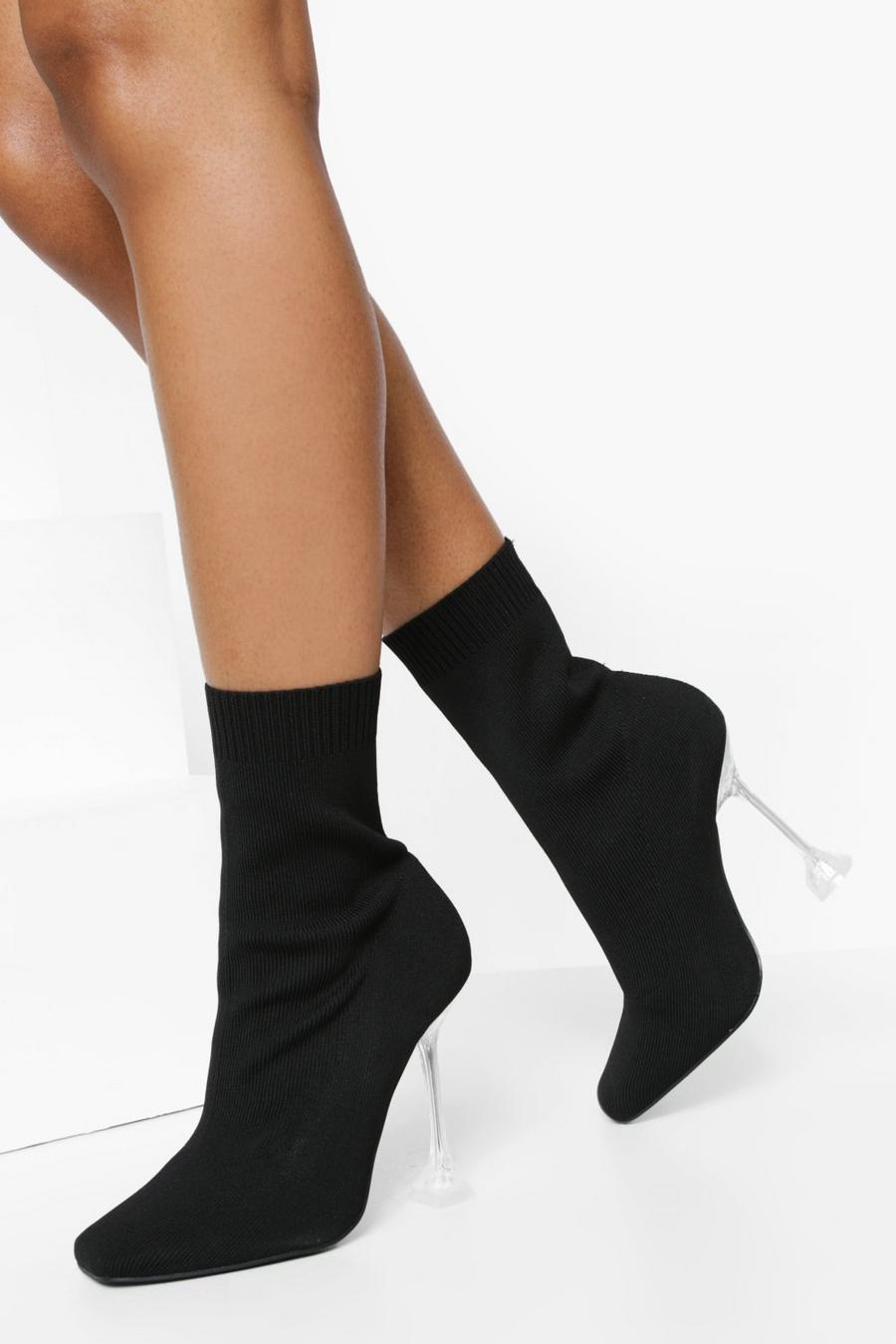 Black Wide Fit Pyramid Heel Knitted Sock Boots image number 1