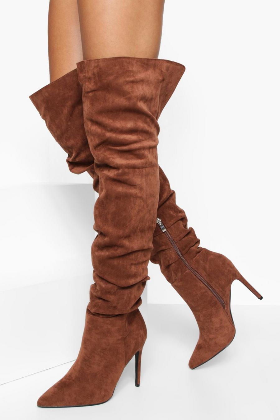 Chocolate Wide Fit Thigh High Stiletto Boots image number 1