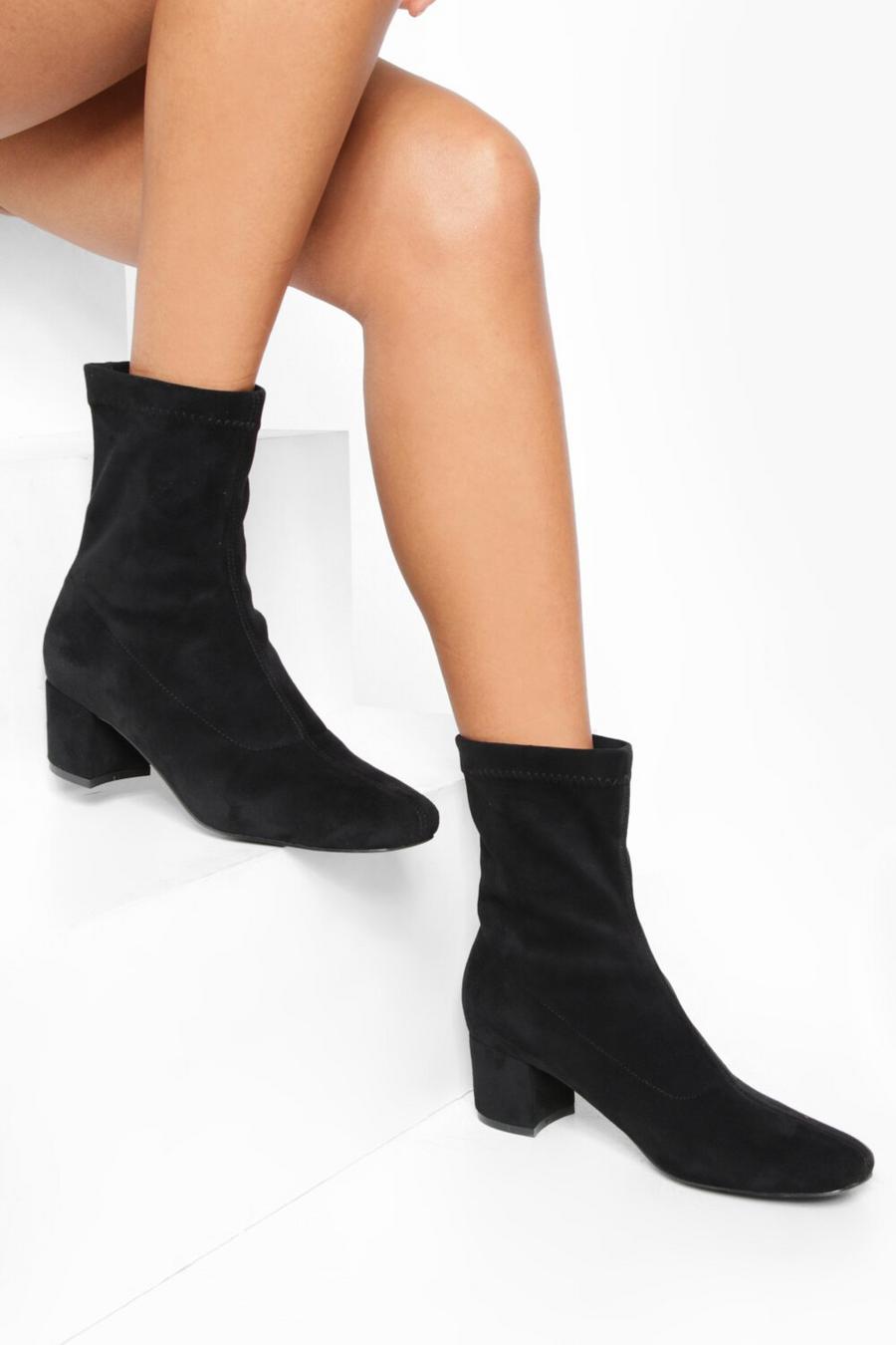 Black Wide Fit Low Block Heel Sock Boots image number 1