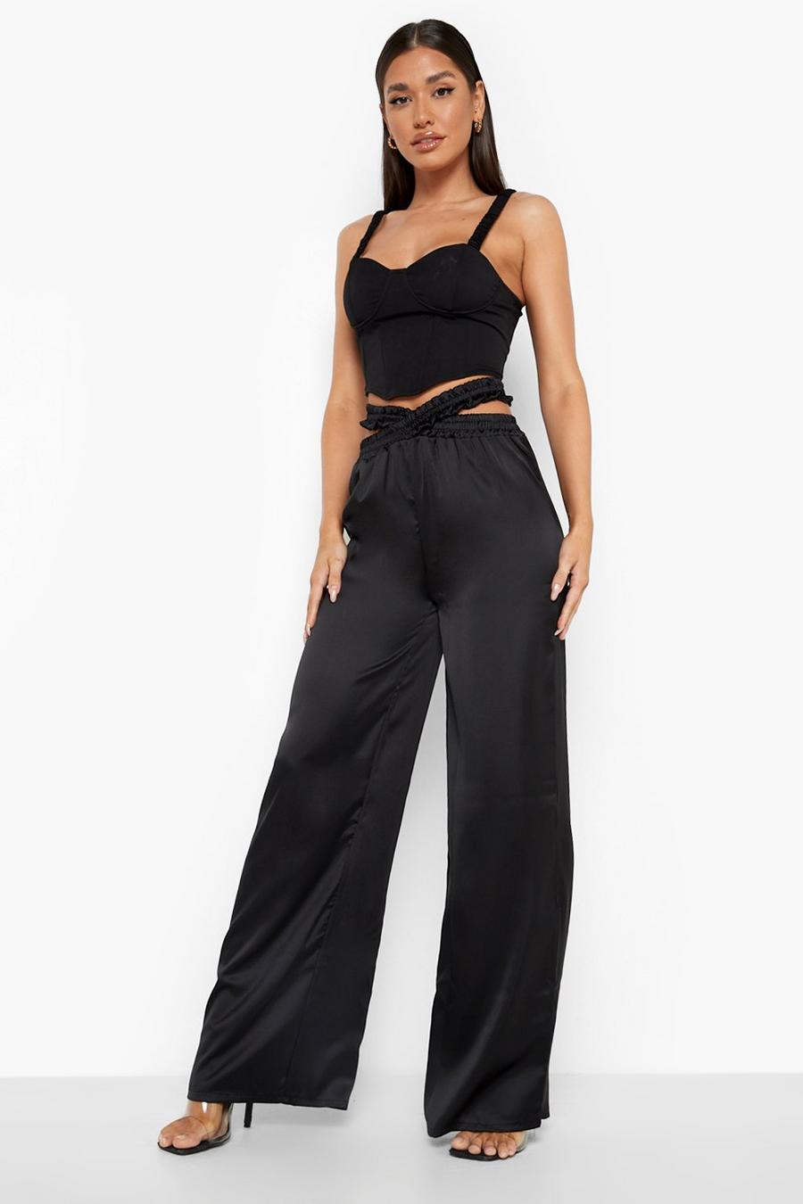 Black Cut Out Waist Satin Luxe Joggers image number 1