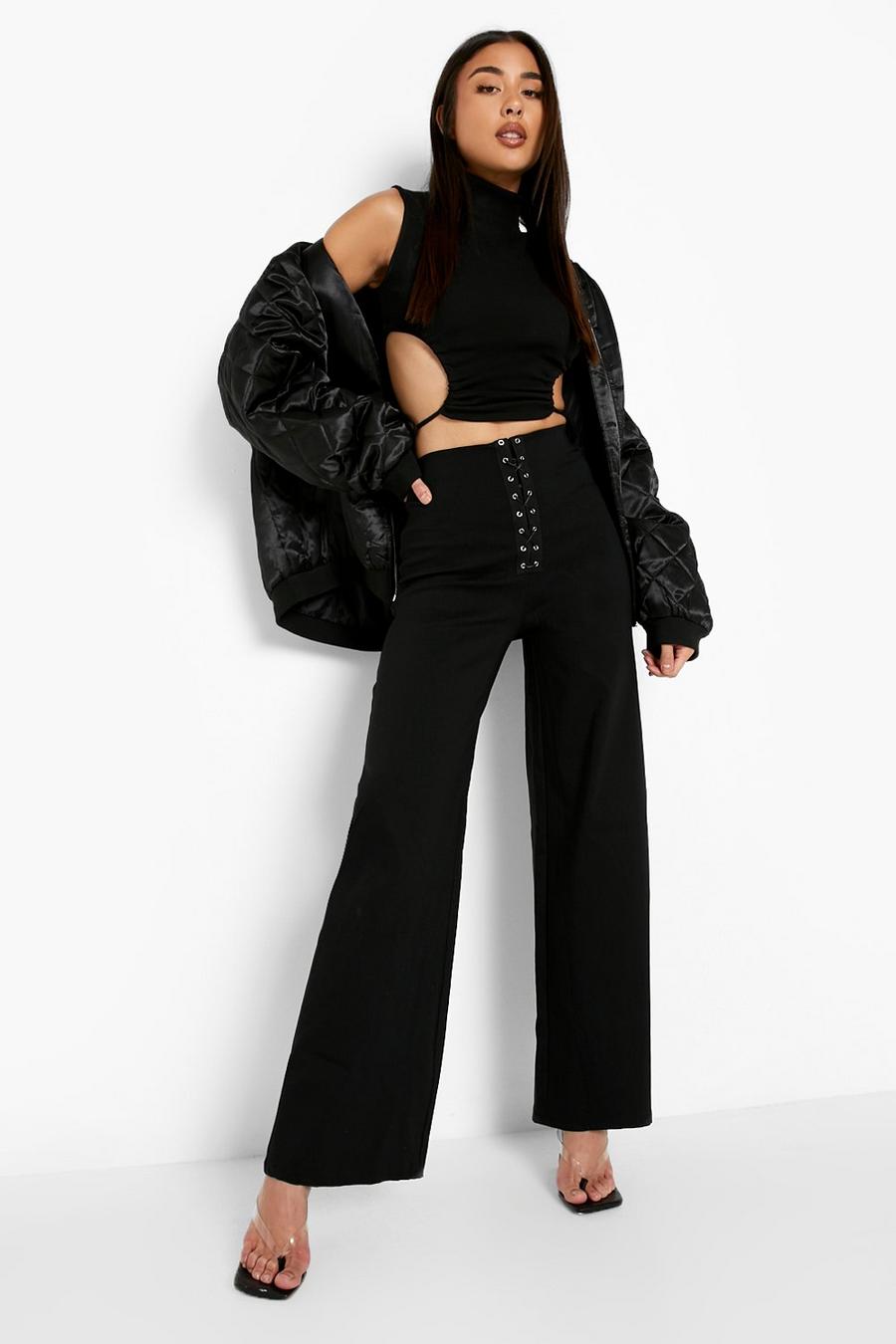 Black Stretch Woven Lace Up Wide Leg Pants image number 1