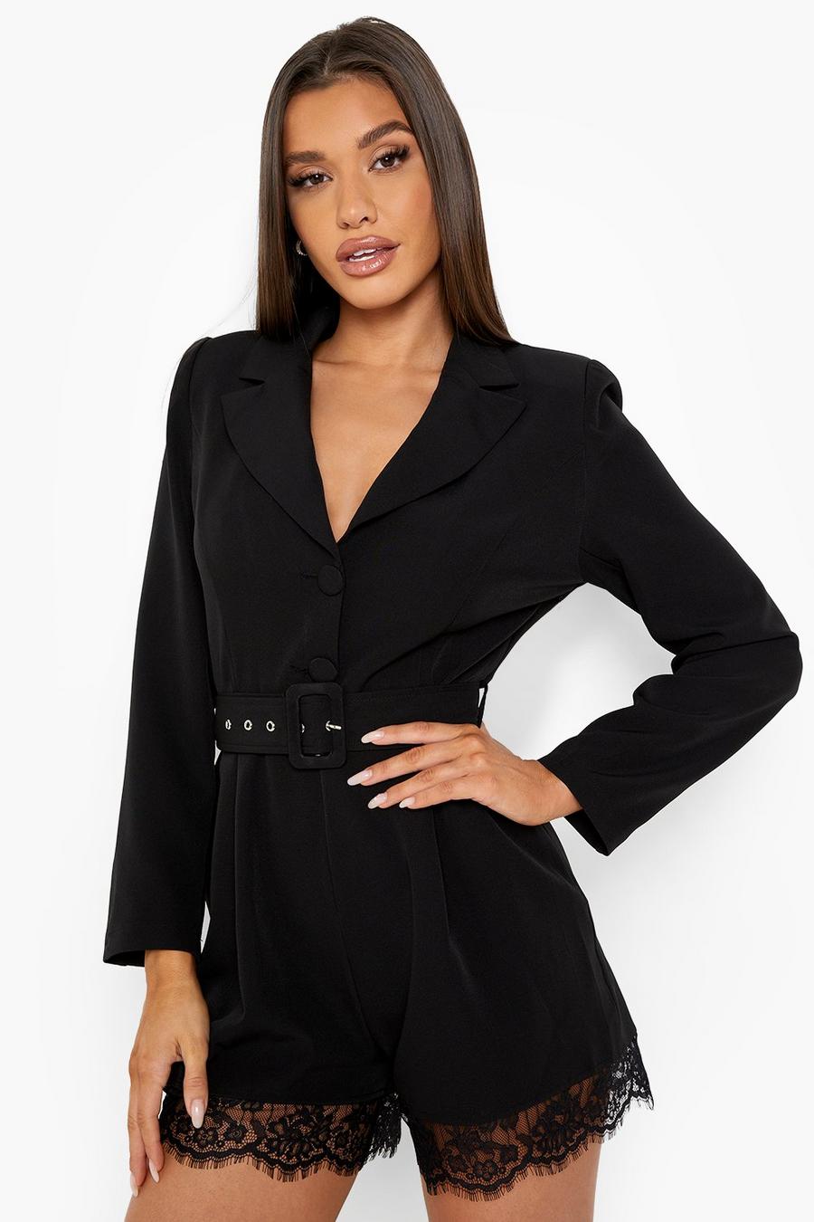 Black Lace Trim Belted Blazer Playsuit