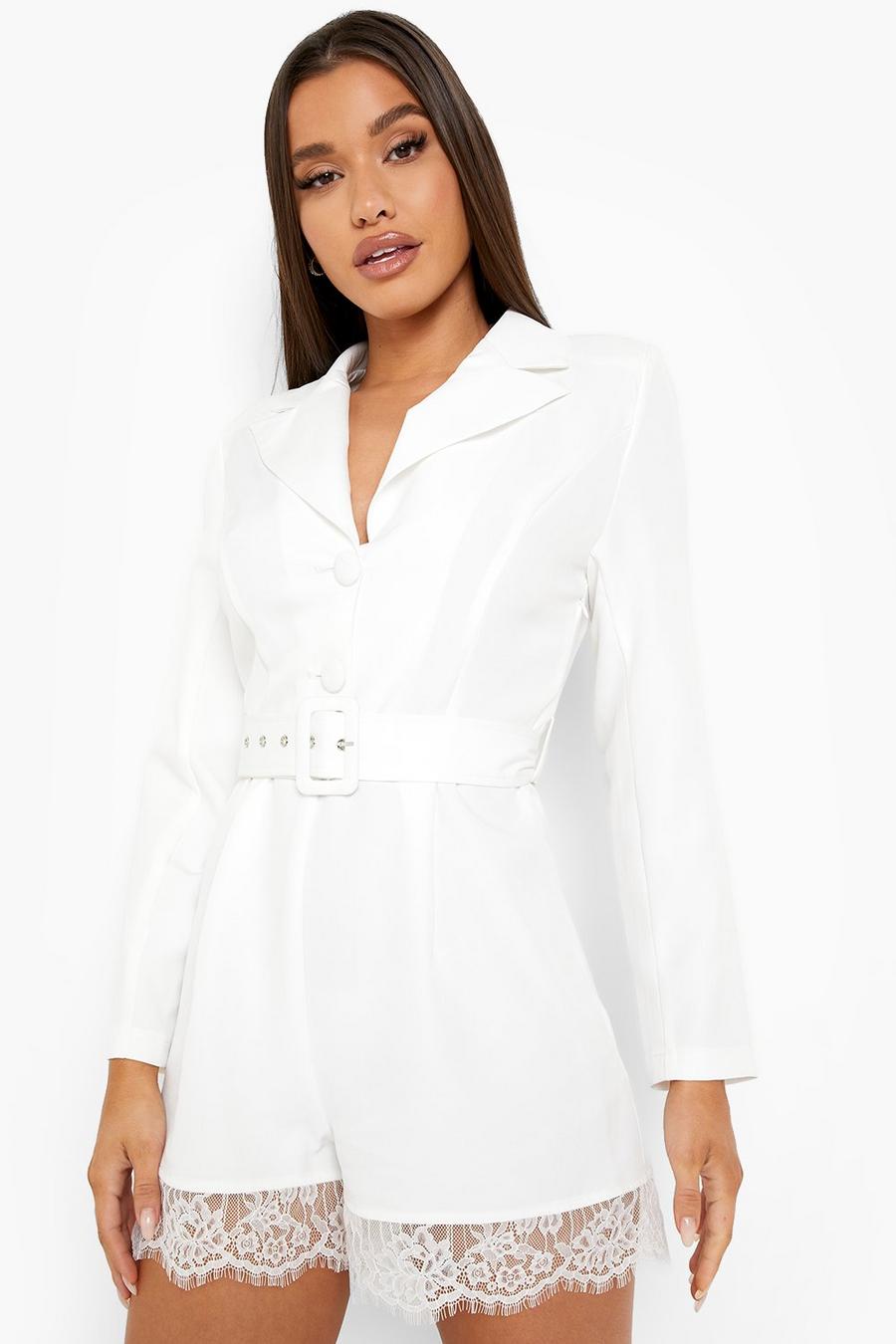 White Lace Trim Belted Blazer Playsuit image number 1