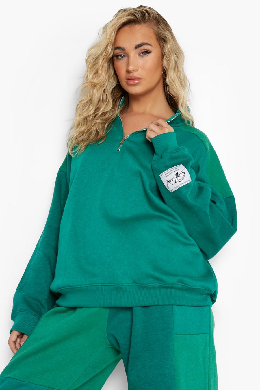 Grünes Colorblock Sweatshirt mit Reißverschluss, Green image number 1