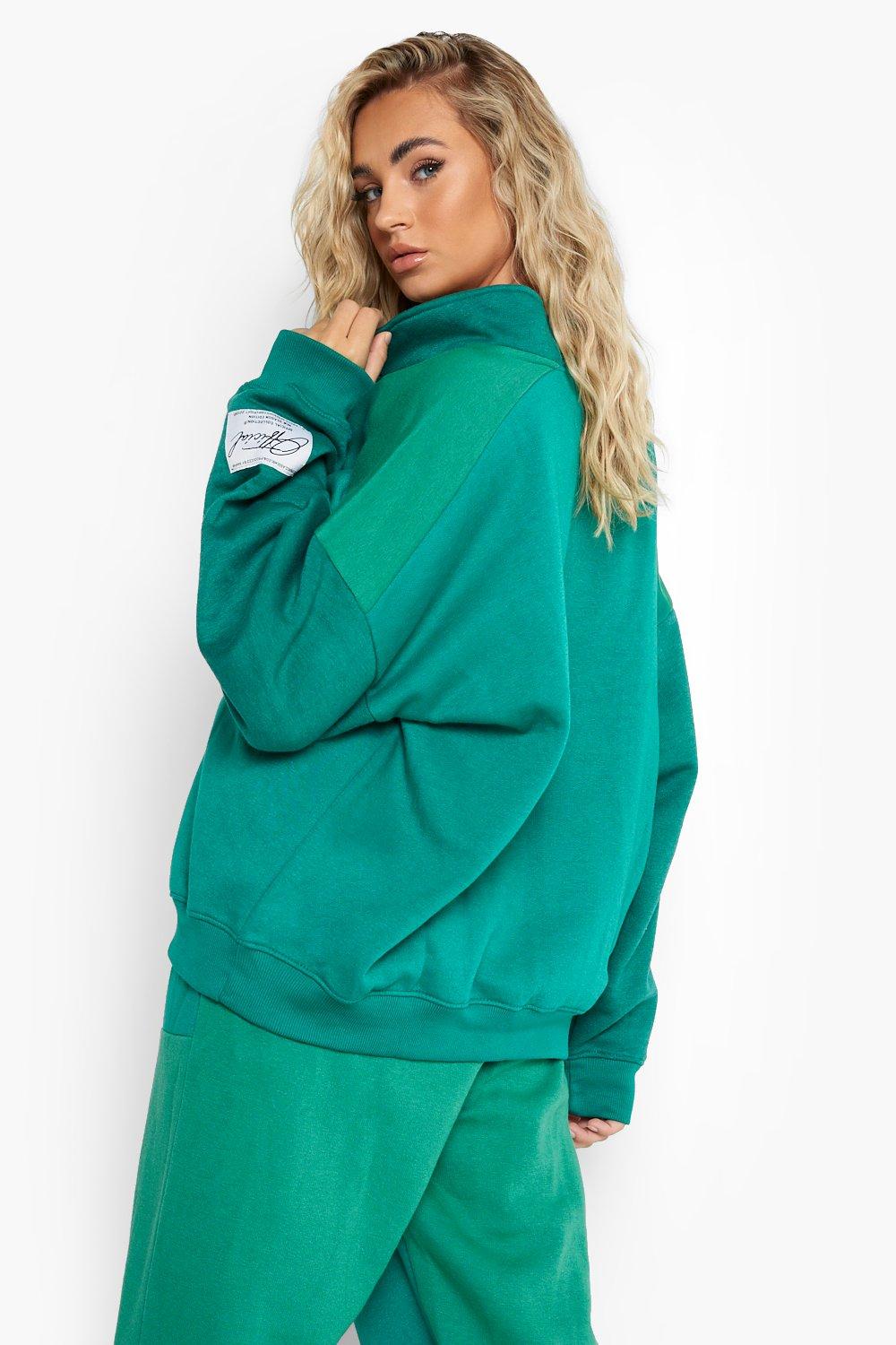 Green Colour Block Half Zip Sweater