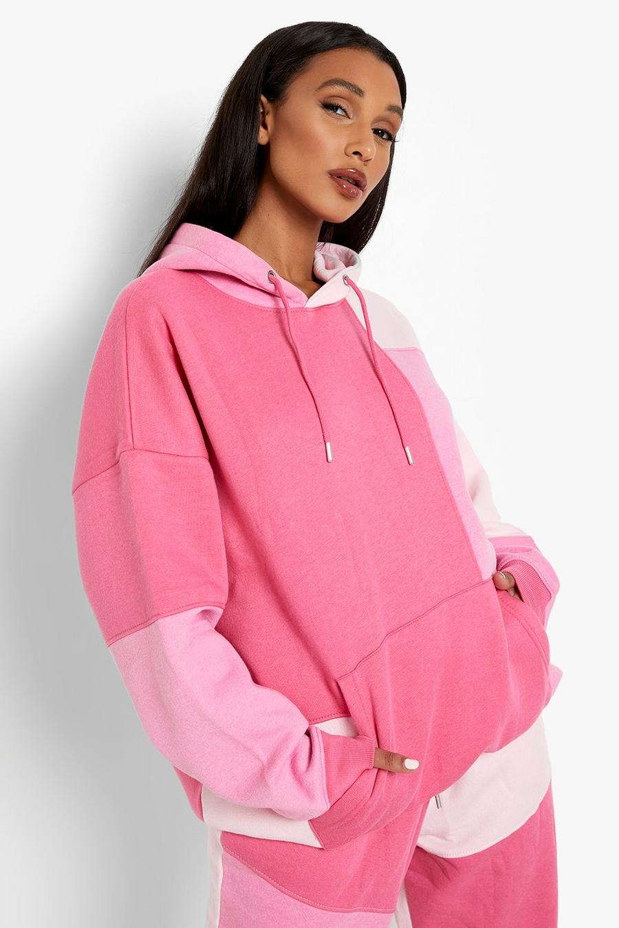 Pink Oversized Roze Colour Block Hoodie Met Patches image number 1