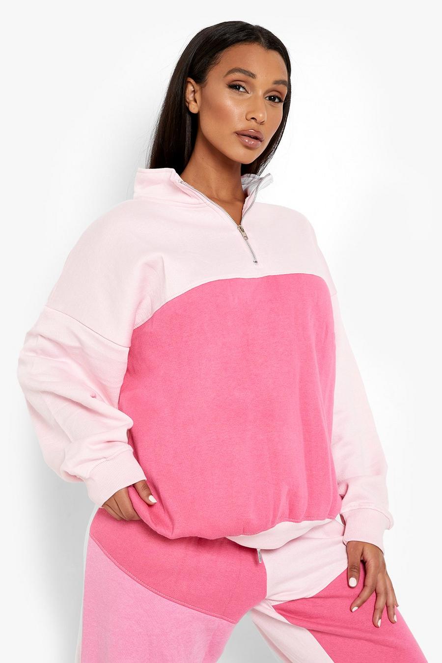Pink Half Zip Colour Block Oversized Sweater image number 1
