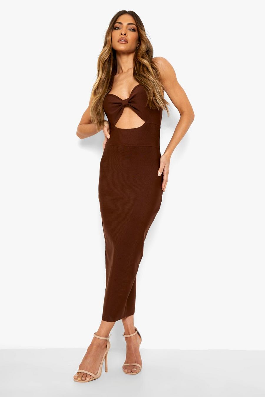 Chocolate Cut Out Cup Detail Midi Dress image number 1