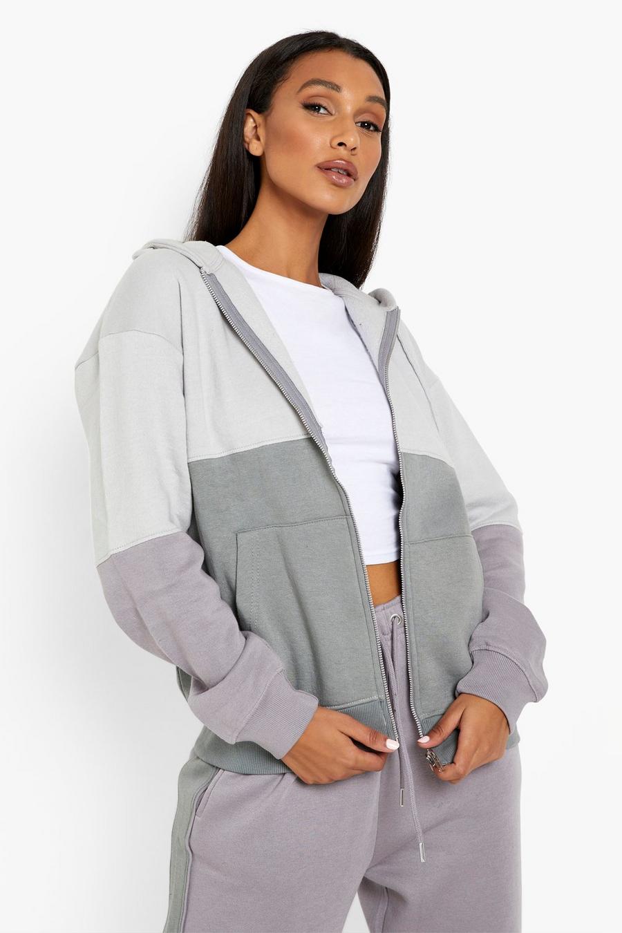 Grey Color Block Zip Through Sweater image number 1