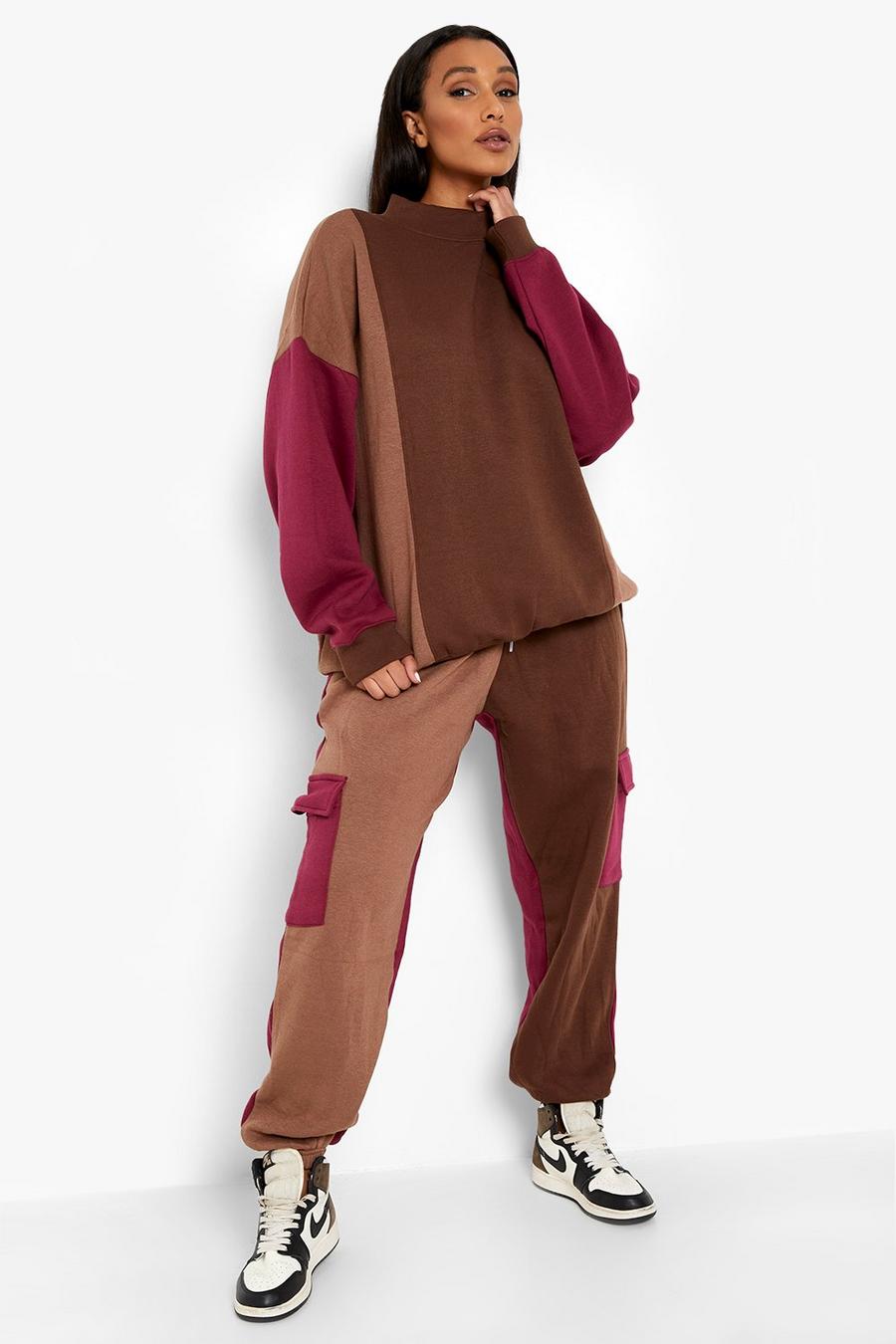 Pantaloni tuta oversize stile Cargo a blocchi di colore color cioccolato, Chocolate image number 1