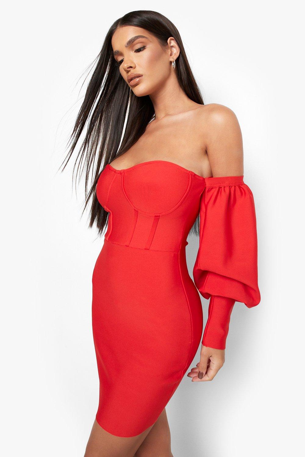 Red long store sleeve bandage dress