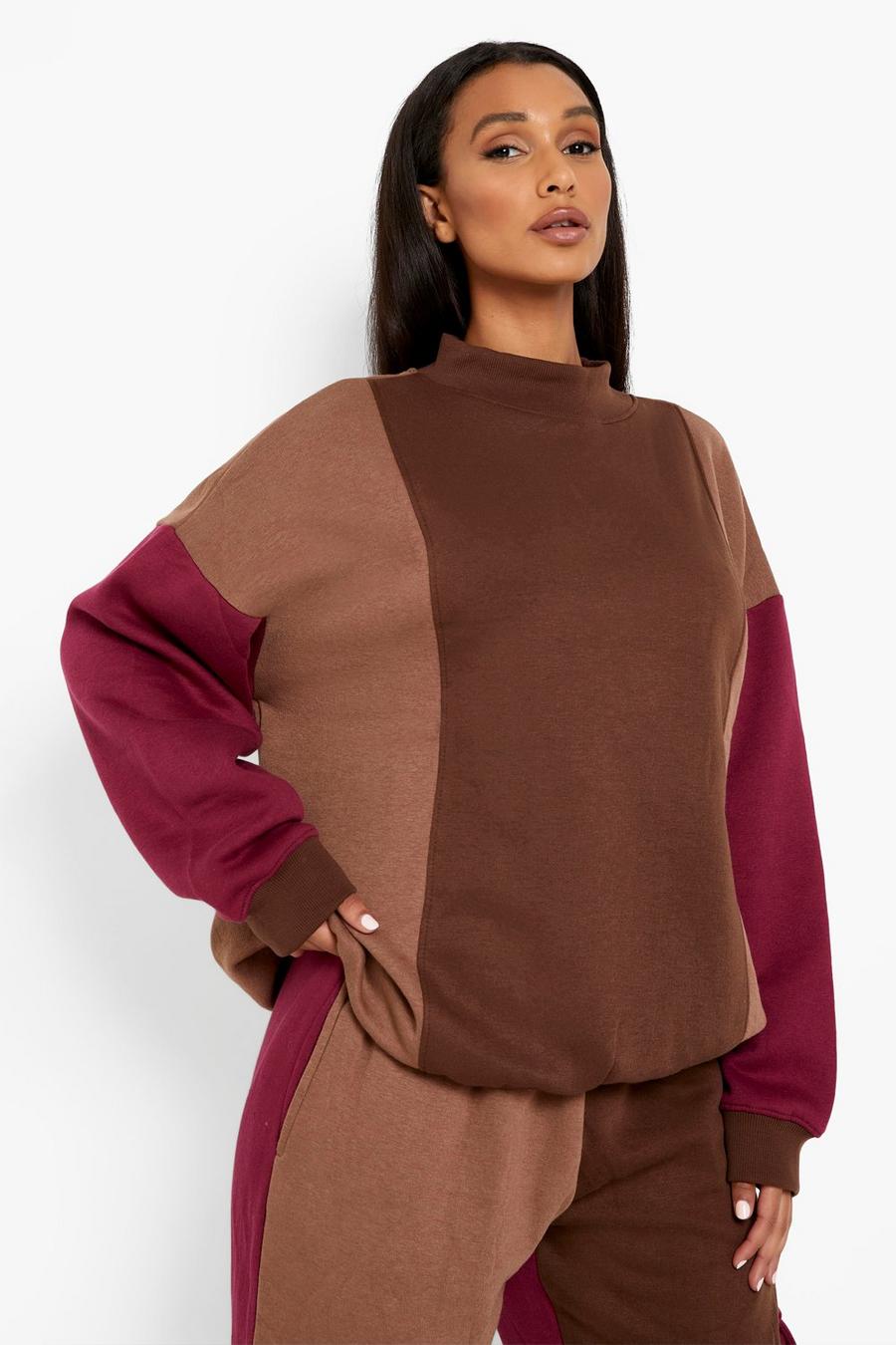 Braunes Colorblock Sweatshirt mit Trichterkragen, Chocolate image number 1