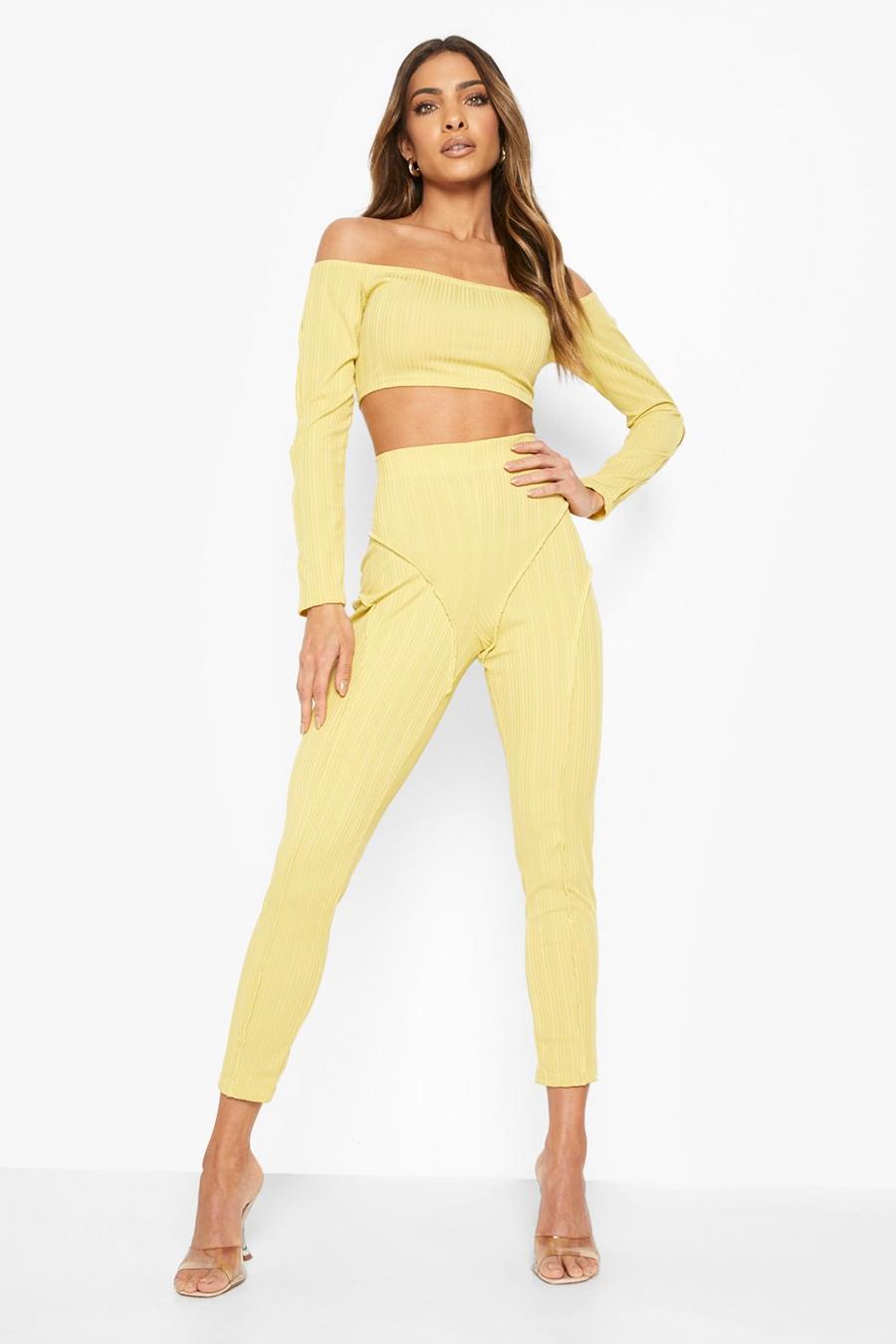 Mustard Exposed Seam Ribbed Leggings image number 1