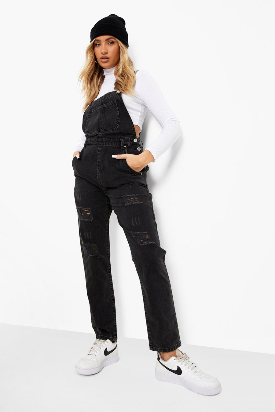 שחור black אוברול ארוך מבד ג'ינס עם קרעים