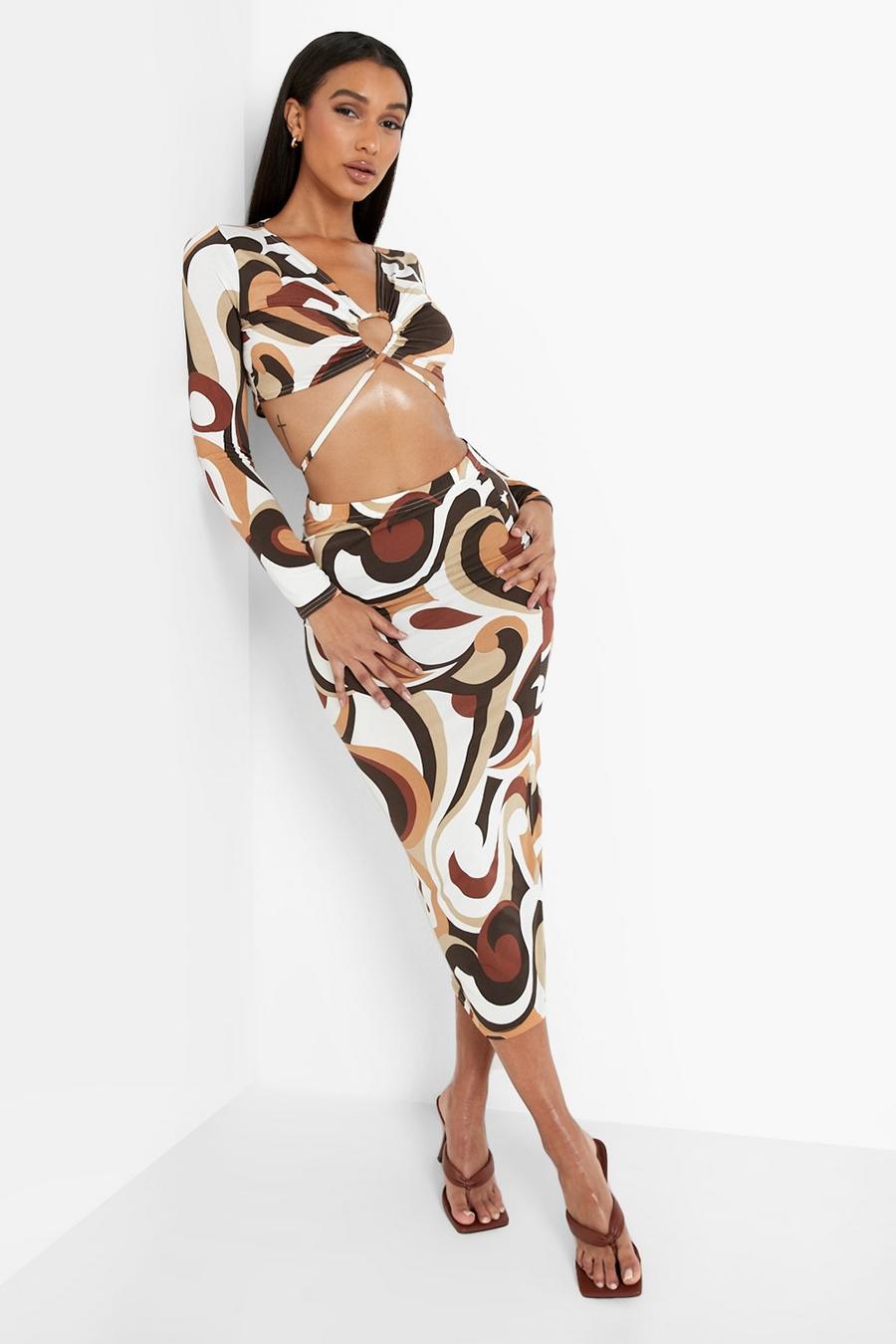 Chocolate Abstract Wrap Tie Crop & Midaxi Skirt image number 1