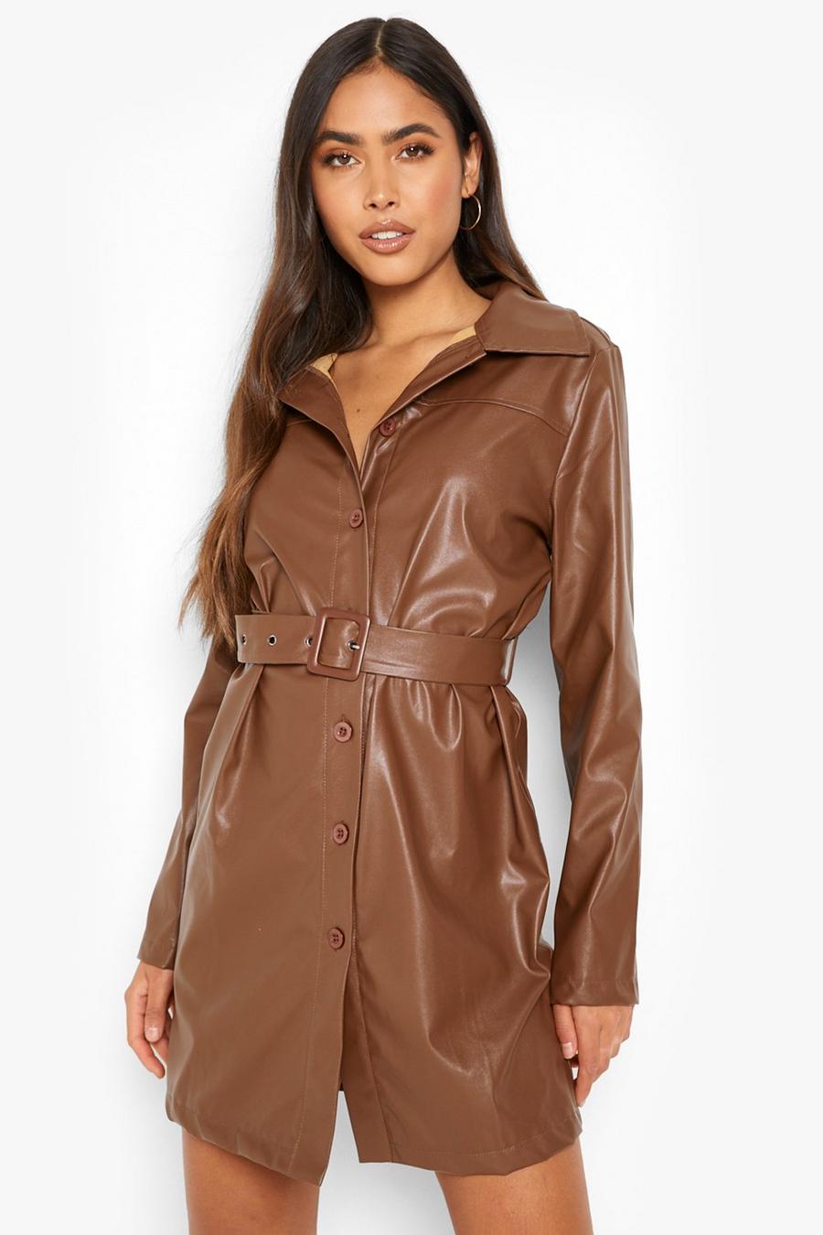 Chocolate Pu Belted Shirt Dress image number 1