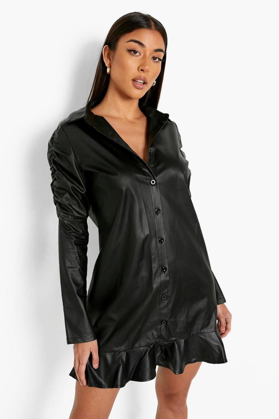 Black Pu Ruched Sleeve Shirt Dress