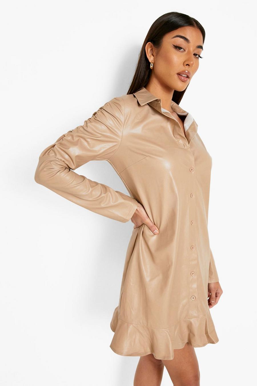 Stone beige Pu Ruched Sleeve Shirt Dress image number 1