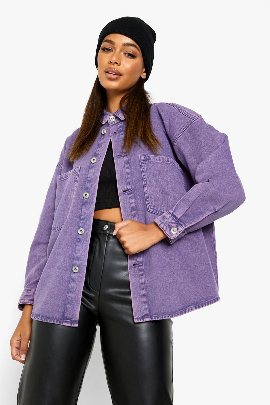 Violet purple Oversized Acid Wash Overdyed Denim Shirt