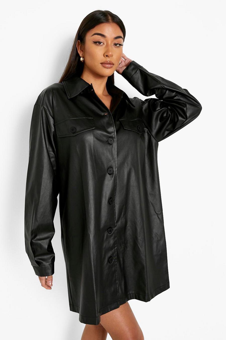 Black Oversize skjortklänning i PU med fickor image number 1