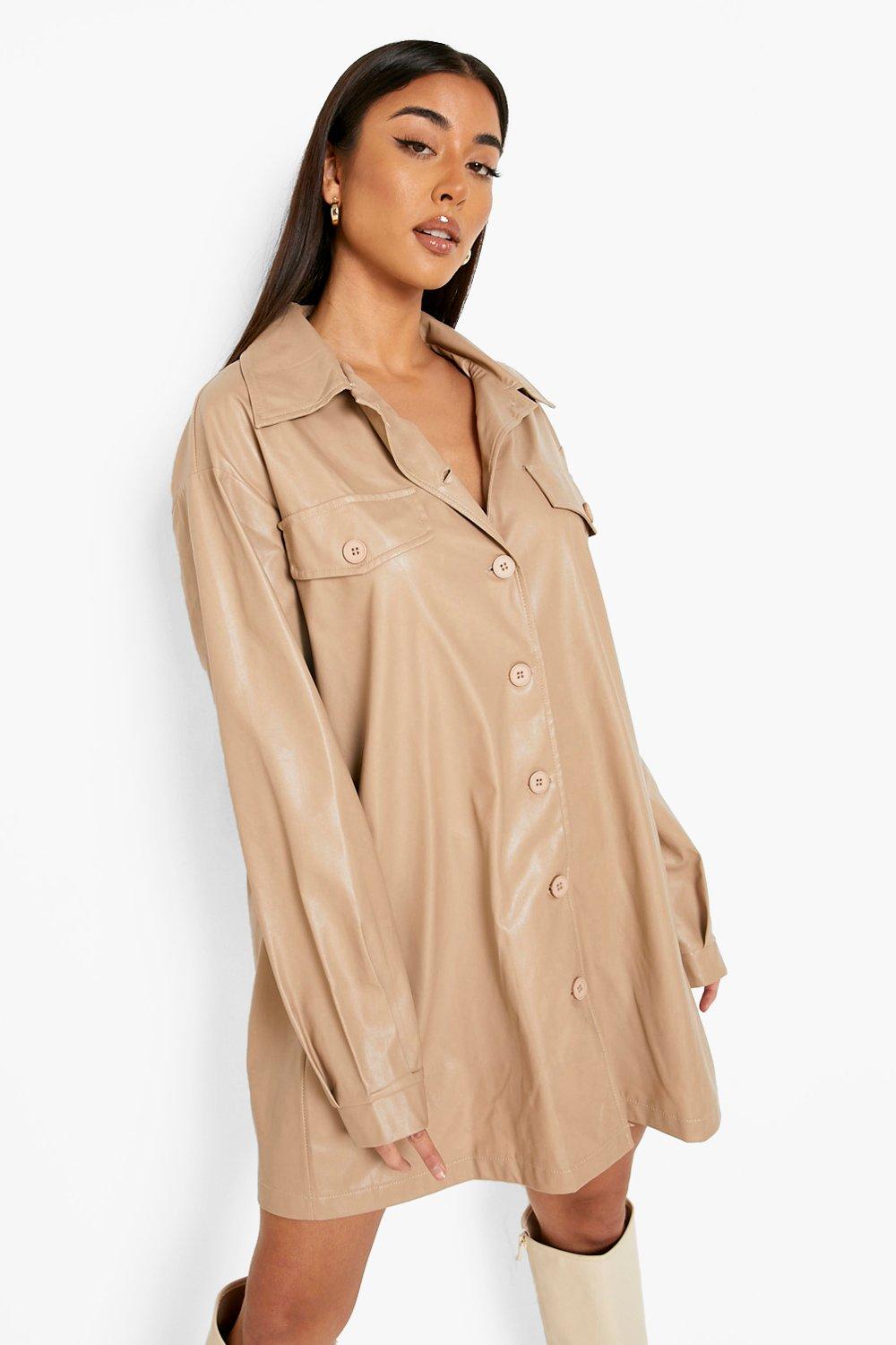 Vestido camisero oversize de cuero sintético con bolsillos | boohoo