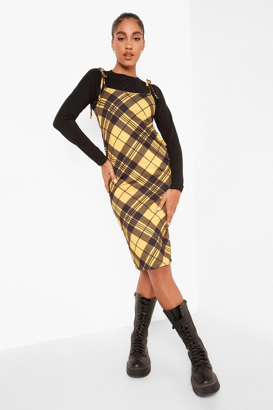 Mustard Flannel Print T Shirt And Pinafore Dress image number 1