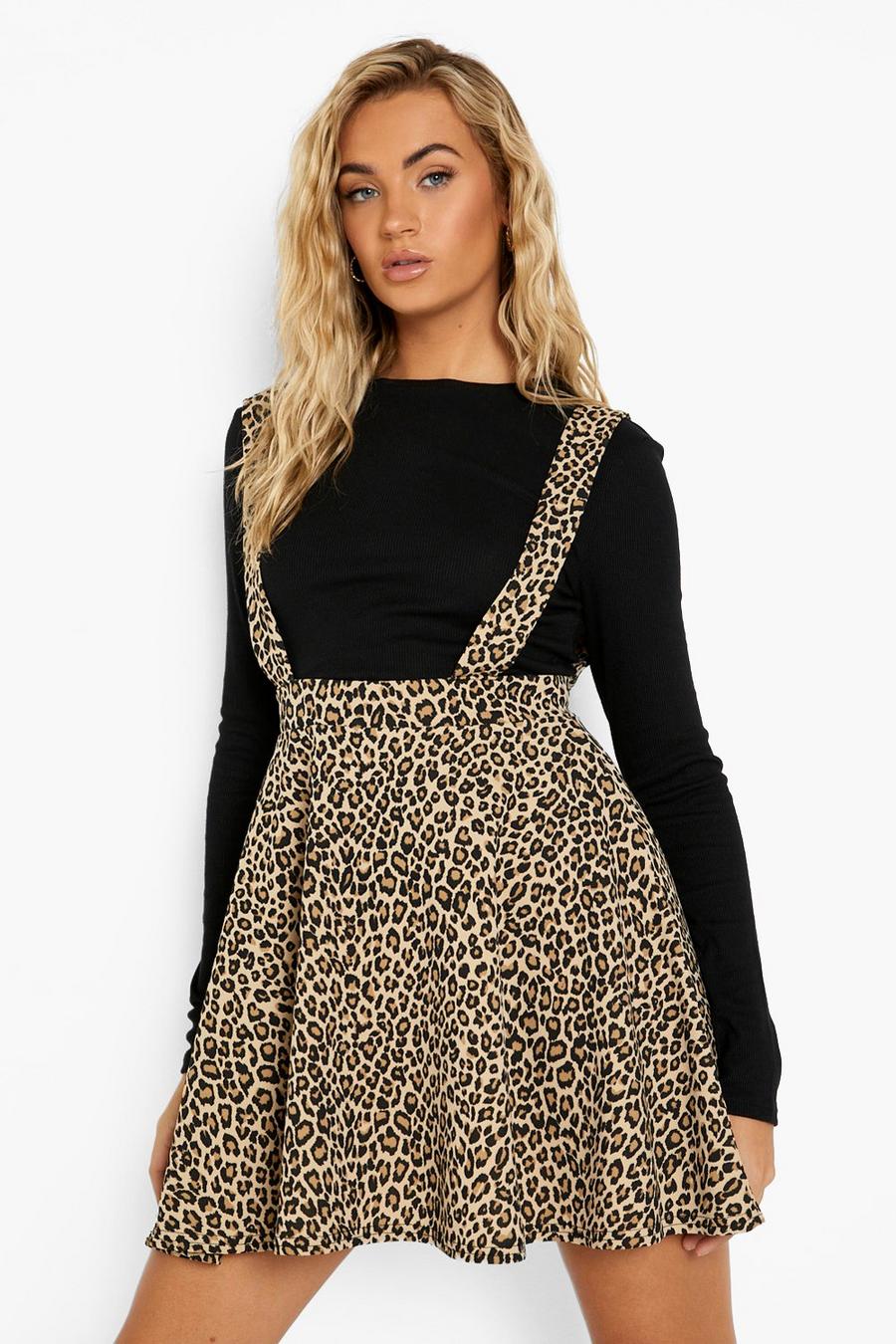 Brown Leopard Print Strappy Skater Pinafore Dress image number 1