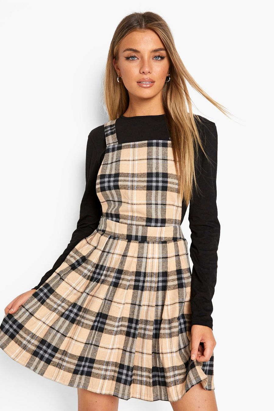 Tan brown Check Print Pleated Skirt Pinafore Dress