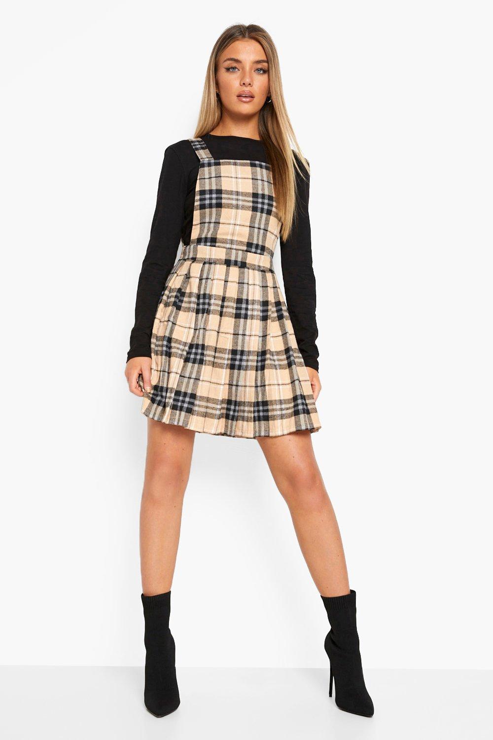 Check Print Pleated Skirt Pinafore Dress