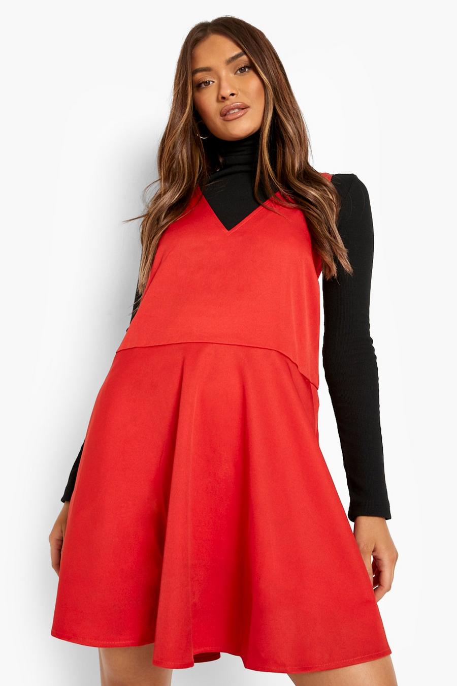 Red V Neck Strappy Swing Pinafore Dress