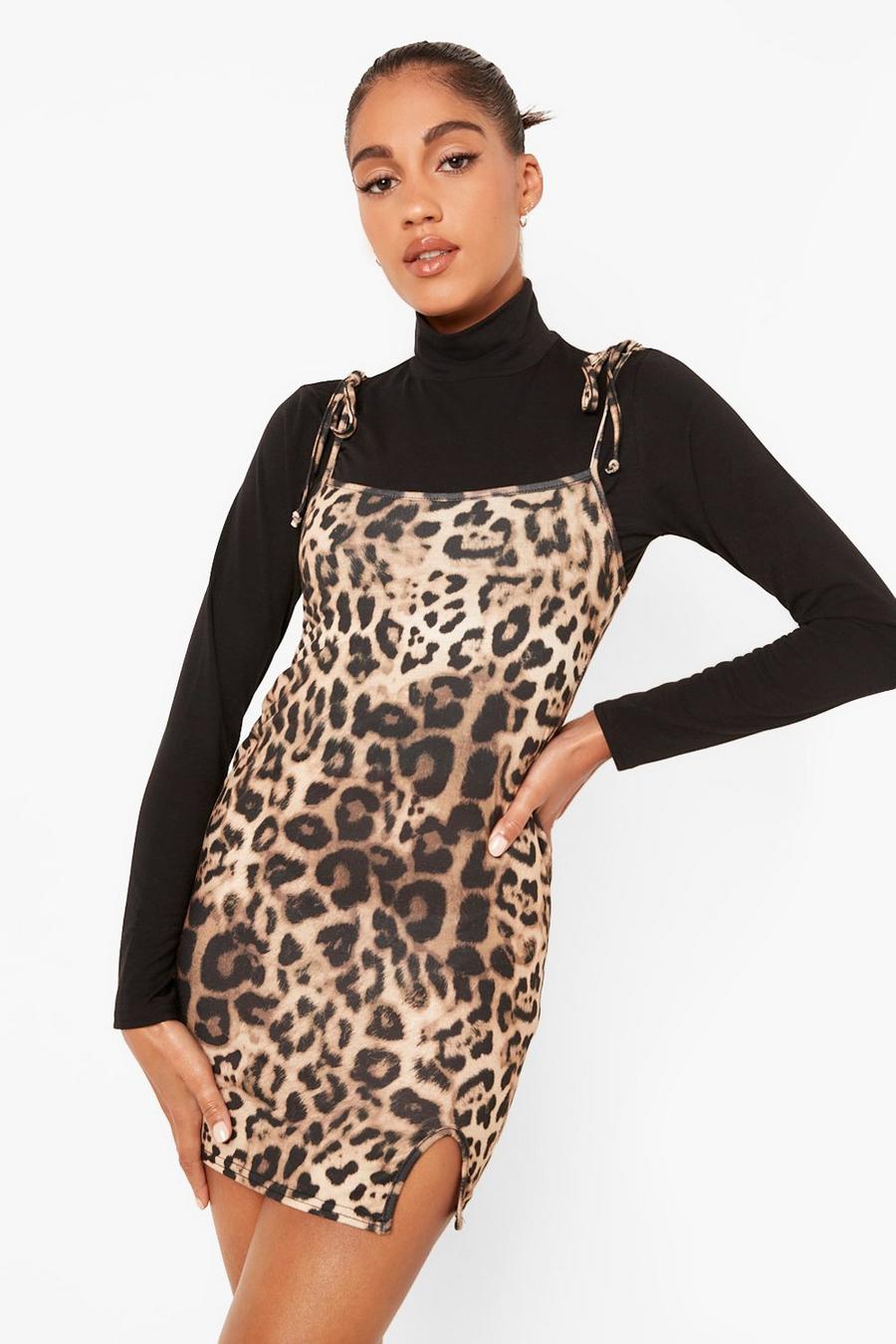 Brown marron Leopard Print Pinafore And High Neck Top