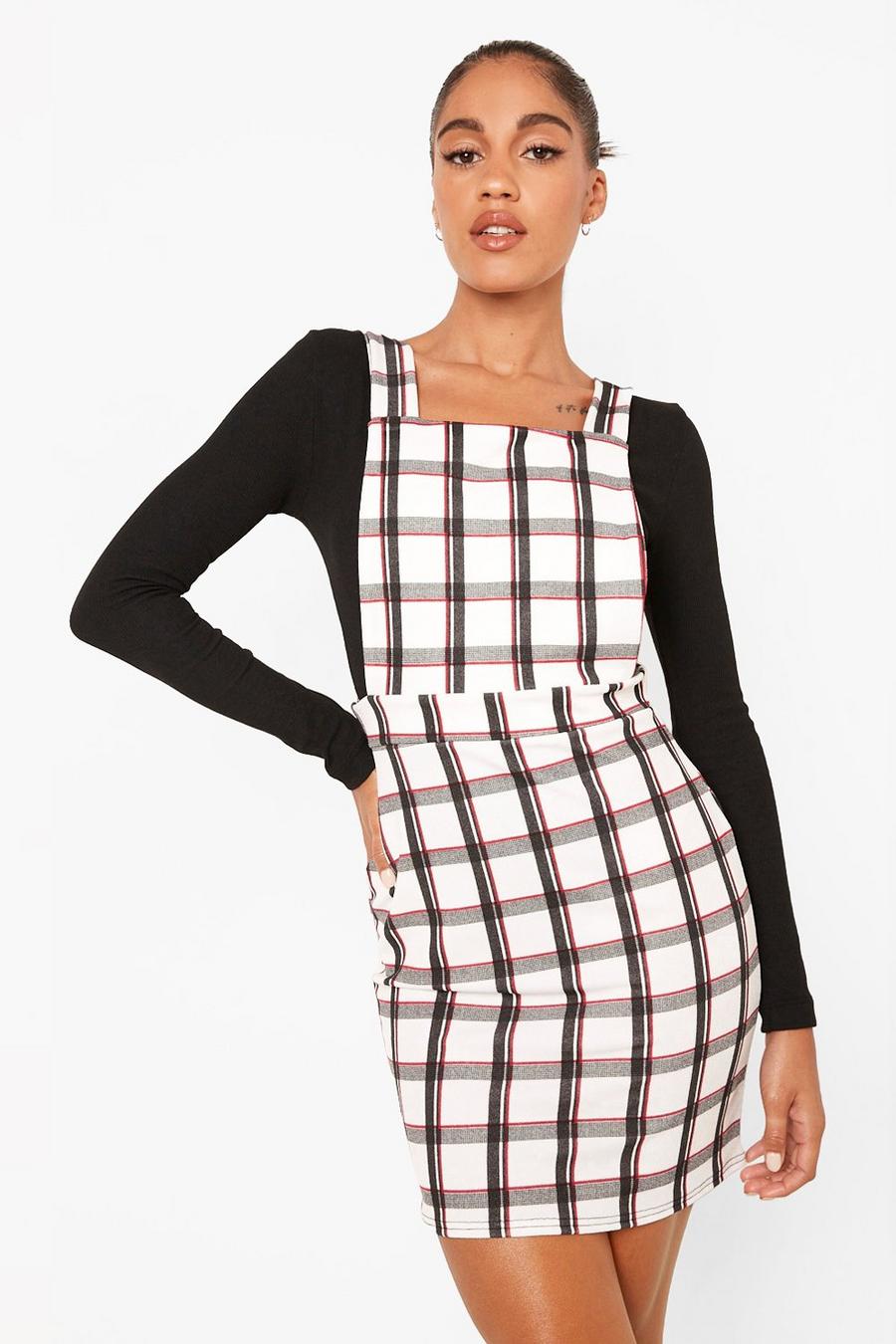 White Check Print Strappy Mini Pinafore Dress image number 1